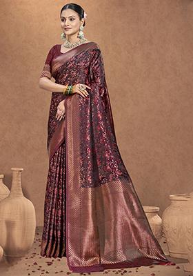 Maroon Woven Silk Saree Set
