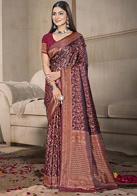 Maroon Woven Silk Saree Set