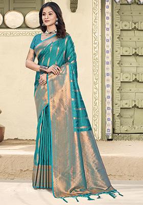 Rama Blue Woven Silk Saree Set