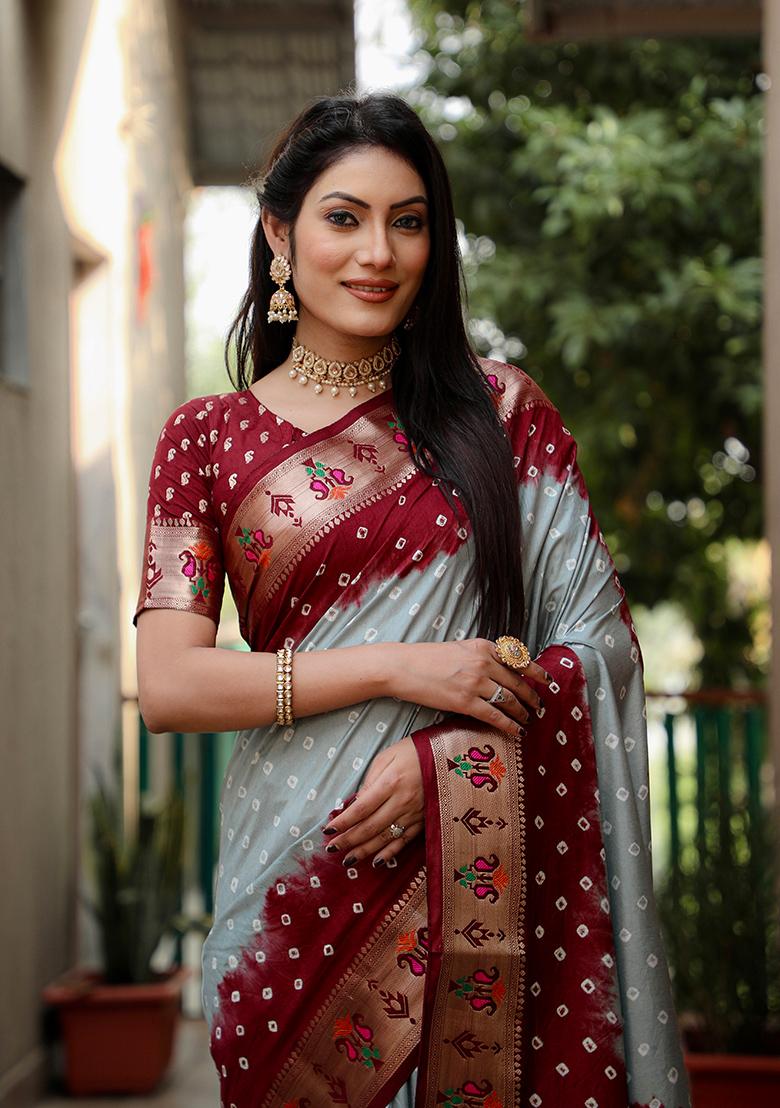 Grey Bandhani Print Silk Saree Set