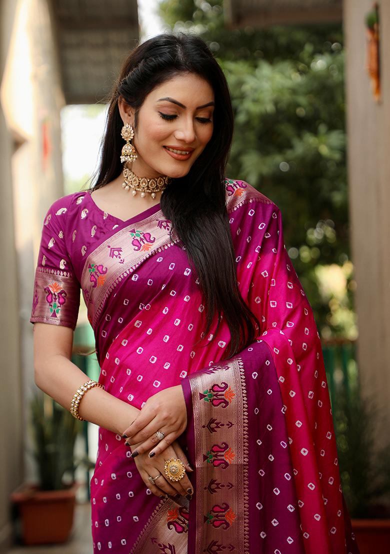 Pink Bandhani Print Silk Saree Set