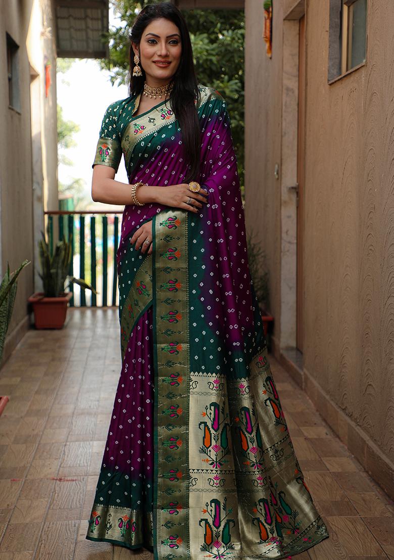 Purple Bandhani Print Silk Saree Set