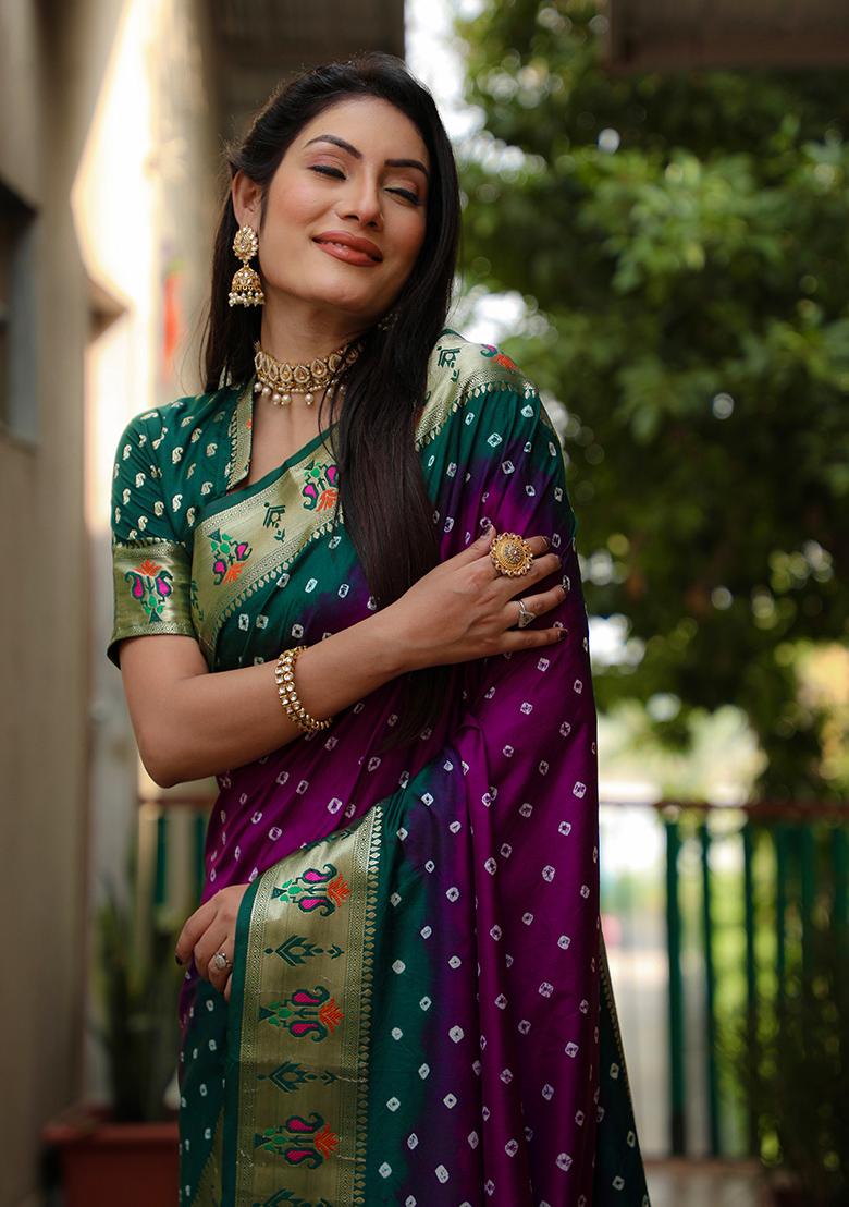 Purple Bandhani Print Silk Saree Set