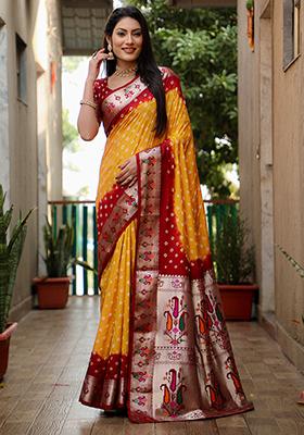 Yellow Bandhani Print Silk Saree Set