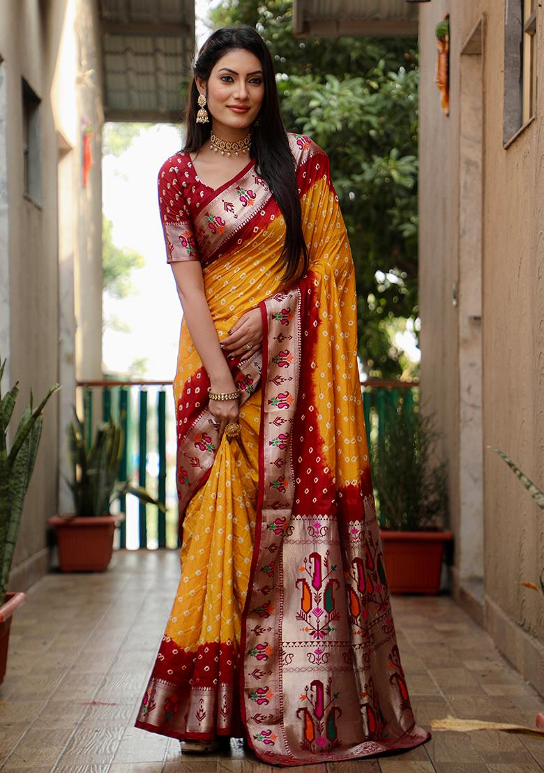 Yellow Bandhani Print Silk Saree Set