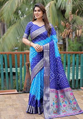 Blue Bandhani Print Silk Saree Set