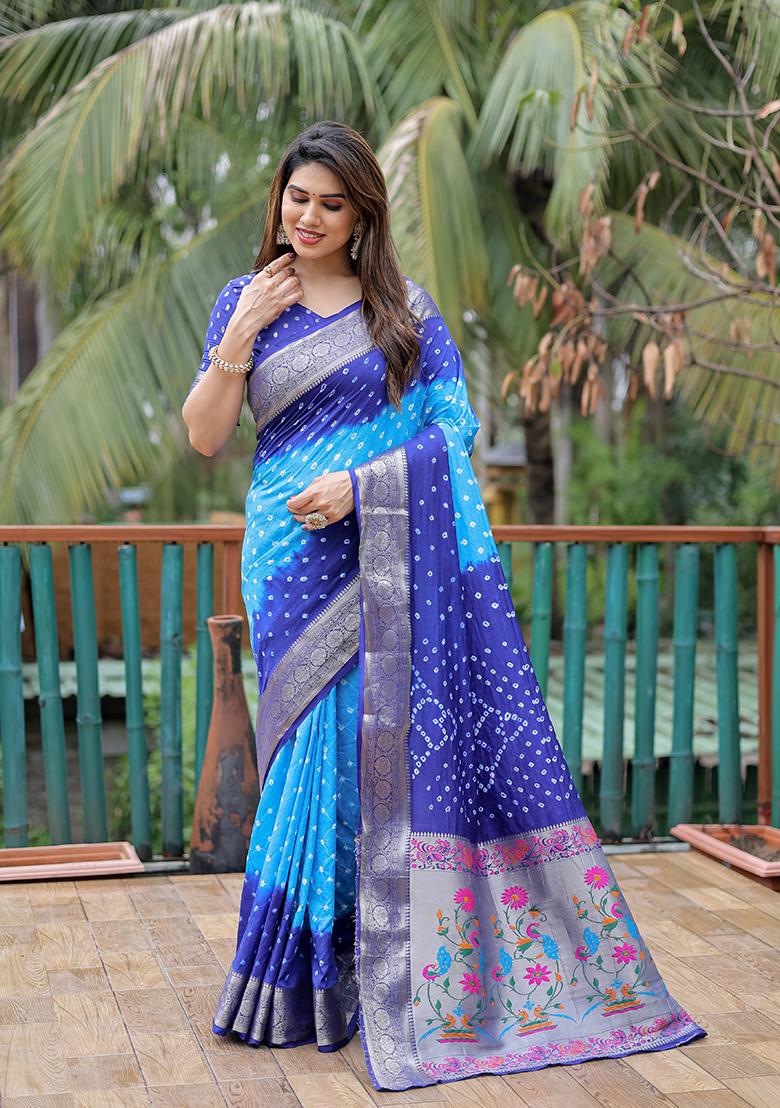 Blue Bandhani Print Silk Saree Set