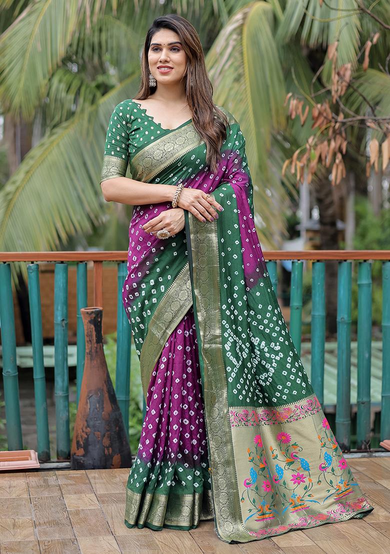 Green Bandhani Print Silk Saree Set