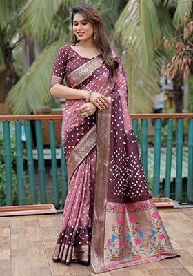 Maroon Bandhani Print Silk Saree Set