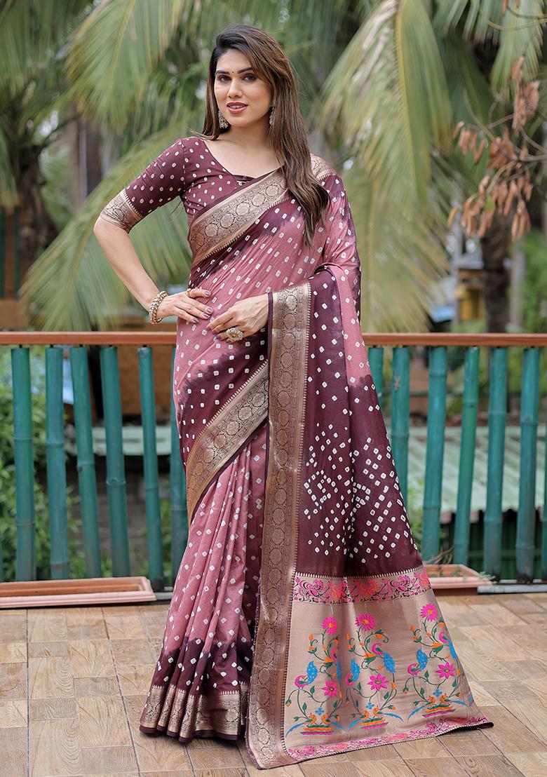 Maroon Bandhani Print Silk Saree Set