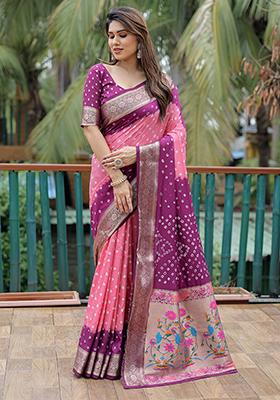 Pink Bandhani Print Silk Saree Set