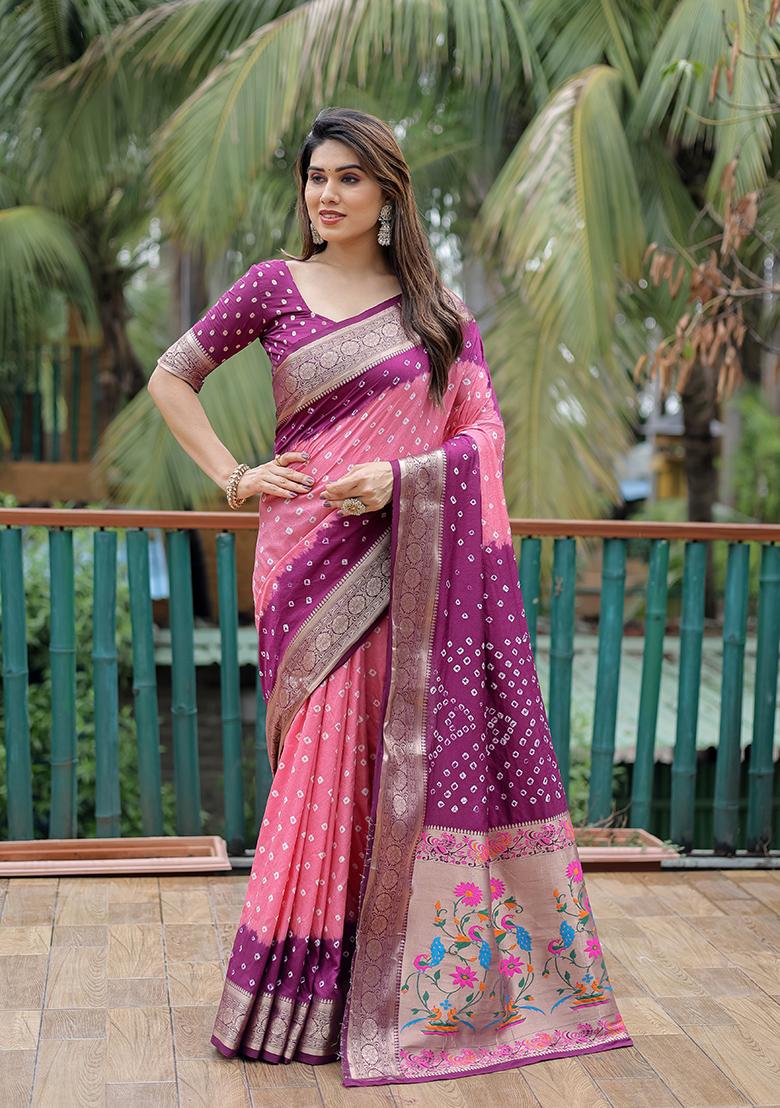 Pink Bandhani Print Silk Saree Set