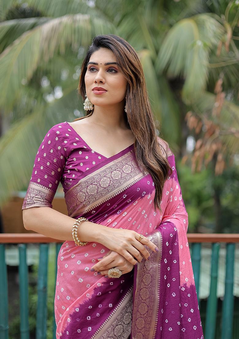 Pink Bandhani Print Silk Saree Set