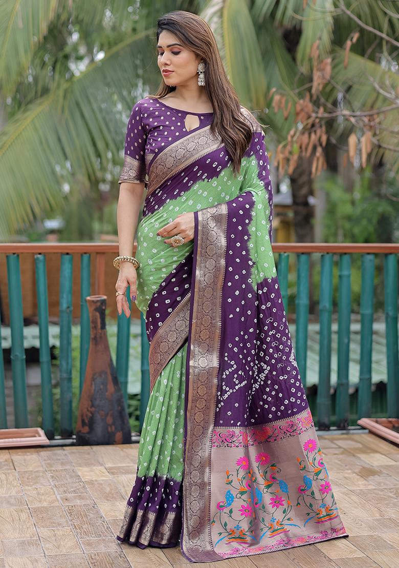 Purple Bandhani Print Silk Saree Set