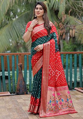 Red Bandhani Print Silk Saree Set