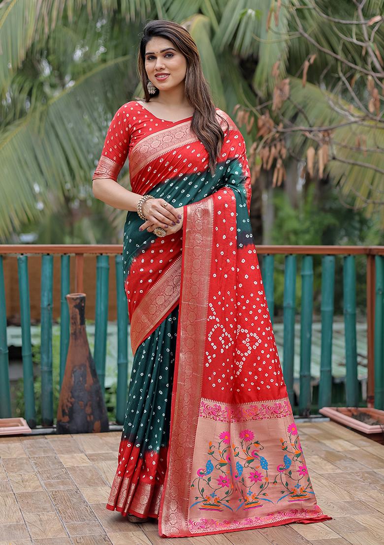 Red Bandhani Print Silk Saree Set