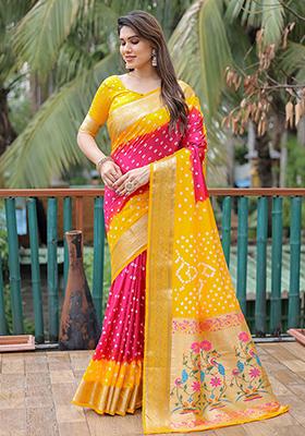 Yellow Bandhani Print Silk Saree Set
