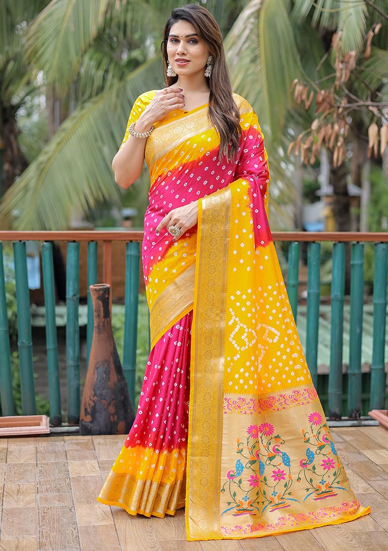 Yellow Bandhani Print Silk Saree Set