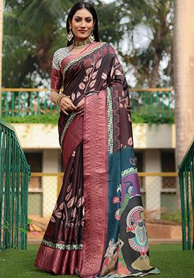 Brown digital print Silk Saree Set