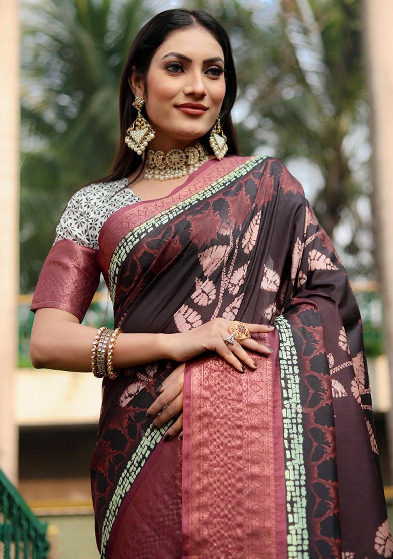 Brown digital print Silk Saree Set