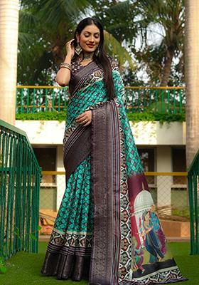Deep Teal digital print Silk Saree Set