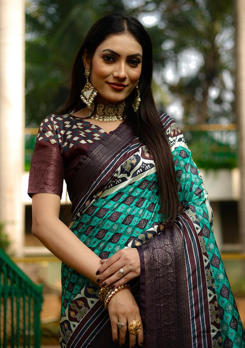 Deep Teal digital print Silk Saree Set