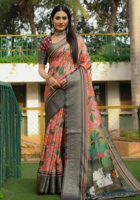 Grey digital print Silk Saree Set