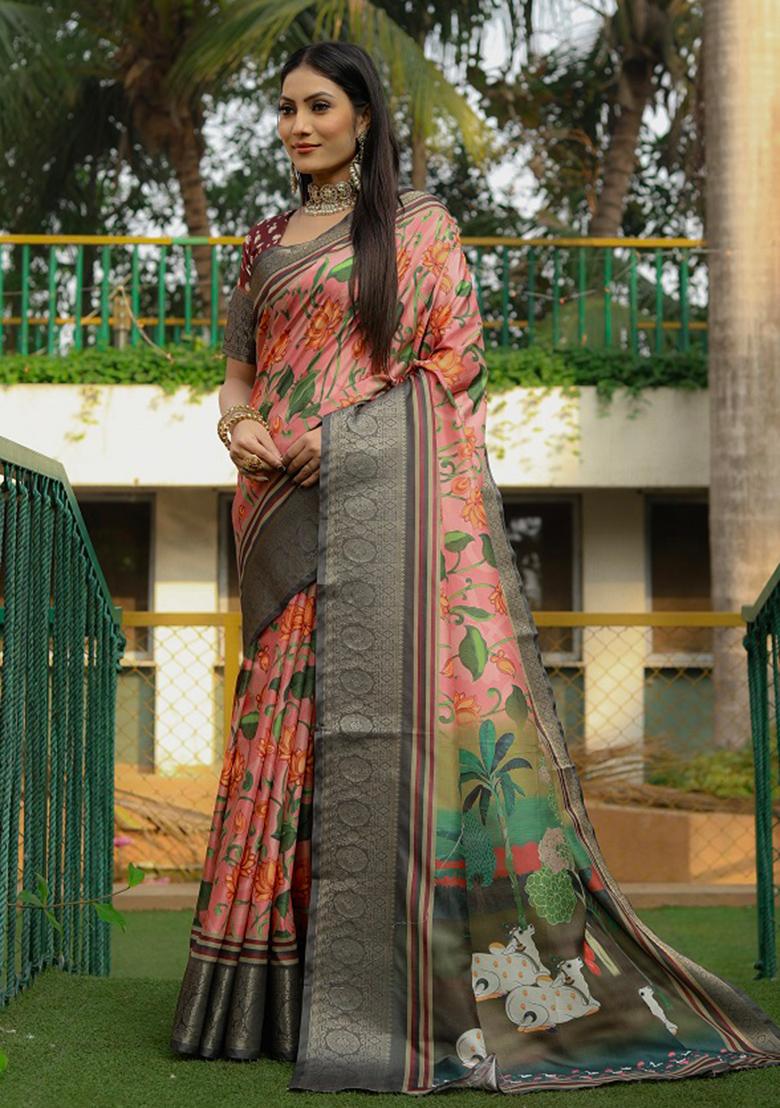 Grey digital print Silk Saree Set