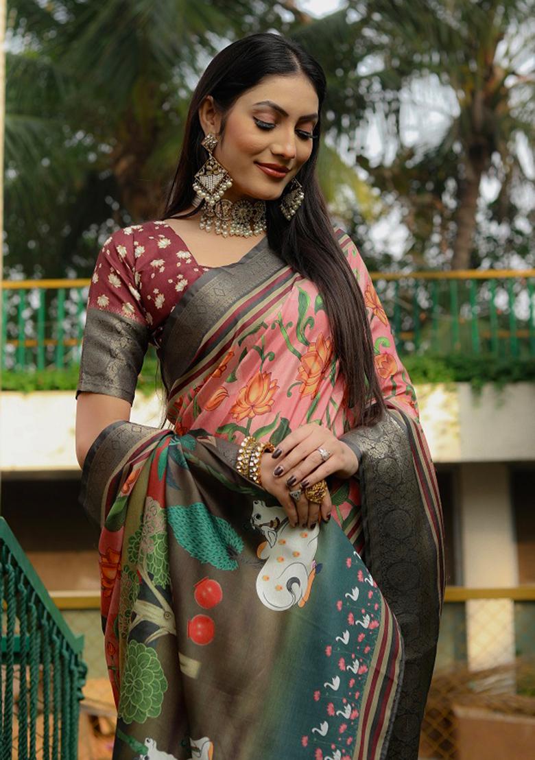 Grey digital print Silk Saree Set