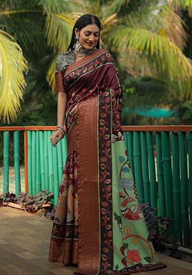 Maroon digital print Silk Saree Set