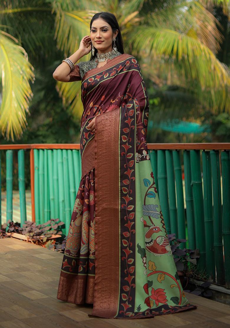 Maroon digital print Silk Saree Set