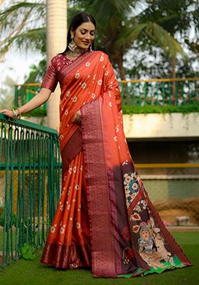 Orange digital print Silk Saree Set