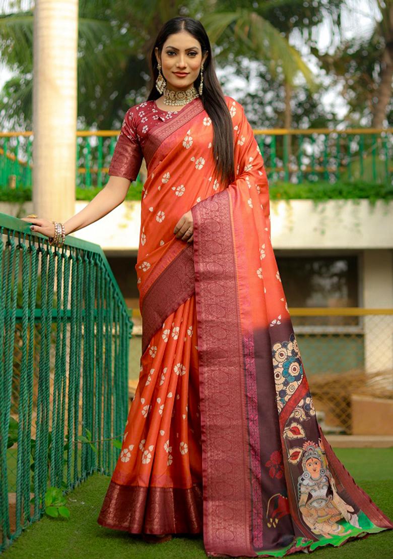 Orange digital print Silk Saree Set