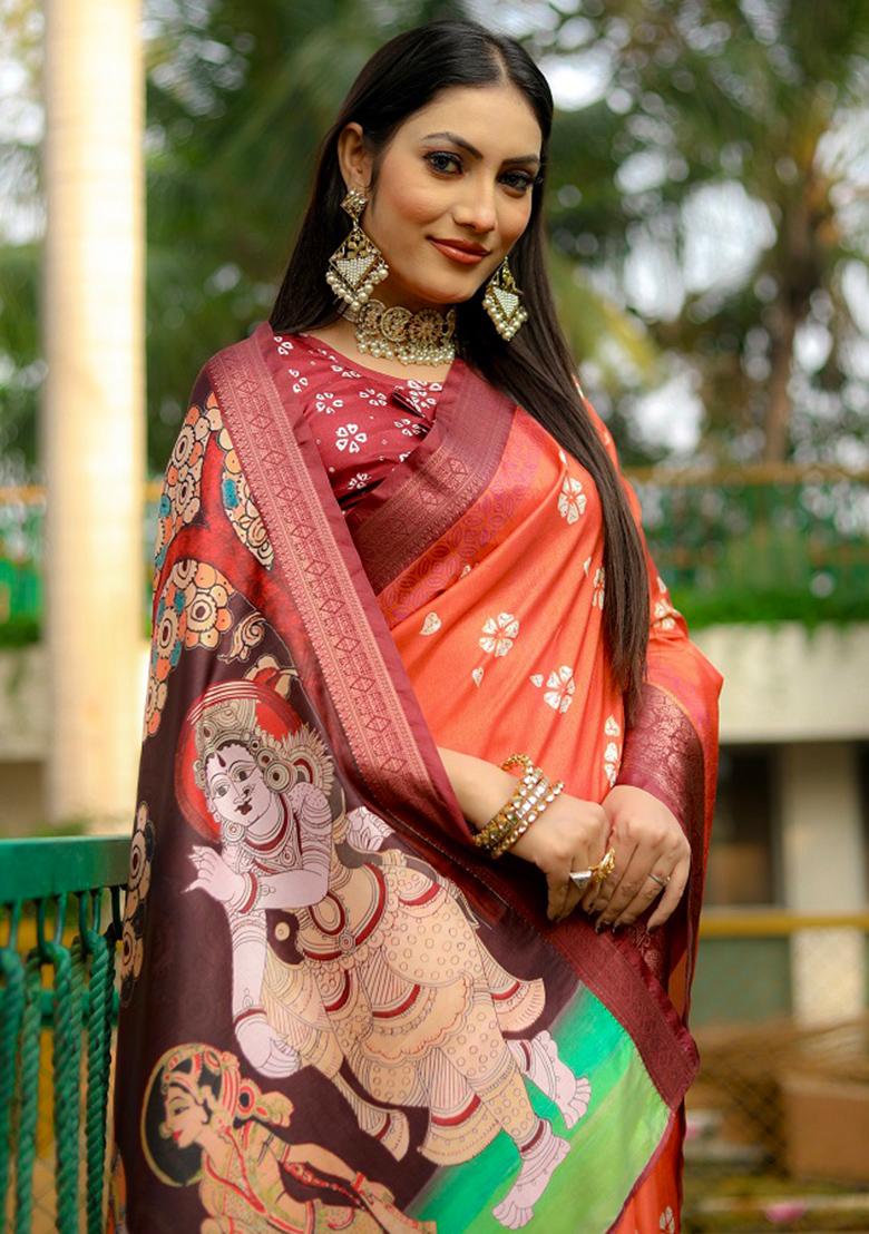 Orange digital print Silk Saree Set