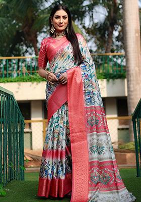 Pink digital print Silk Saree Set
