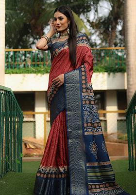 Red digital print Silk Saree Set
