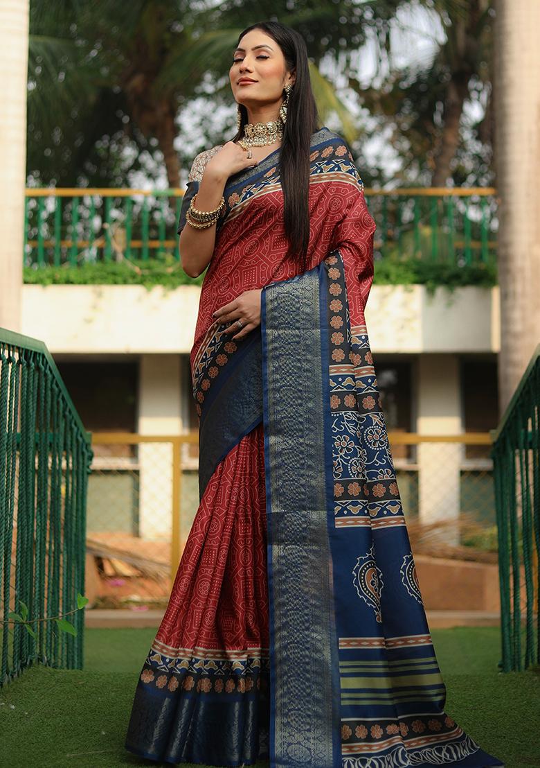 Red digital print Silk Saree Set