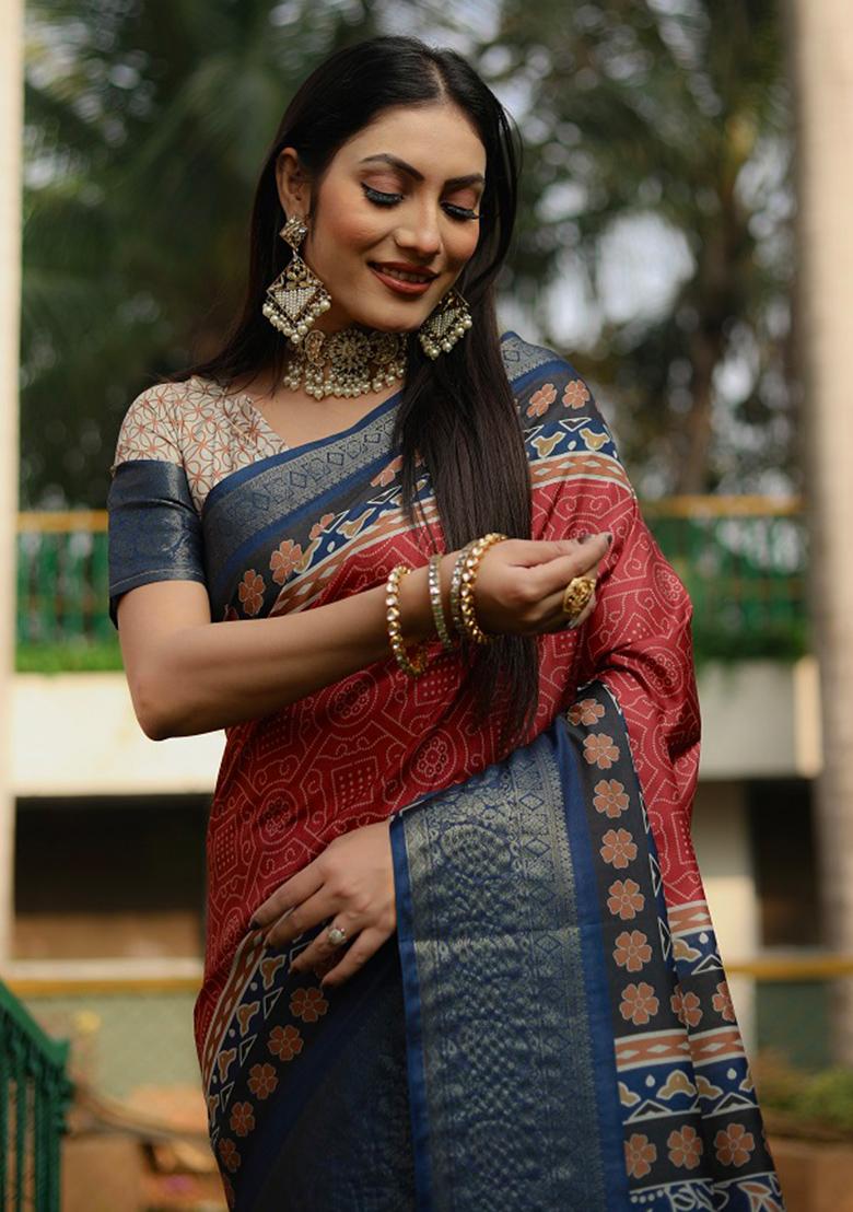 Red digital print Silk Saree Set