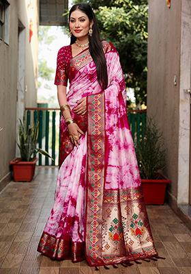 Magenta Printed Silk Saree Set