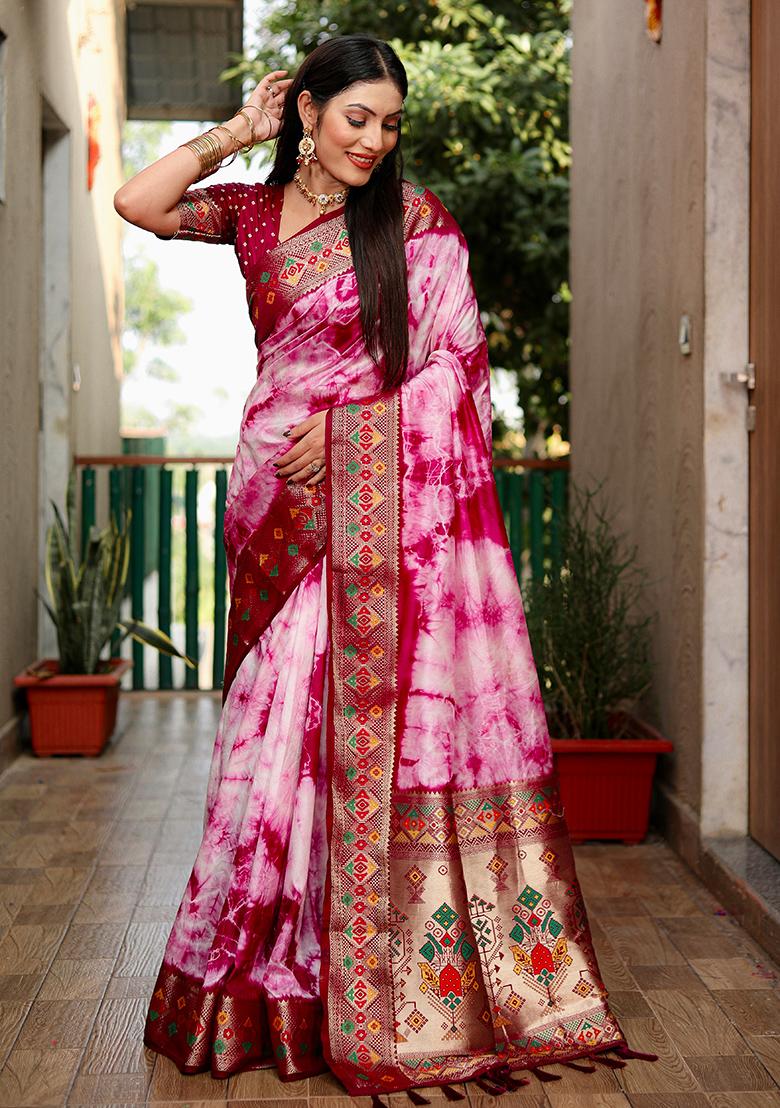 Magenta Printed Silk Saree Set