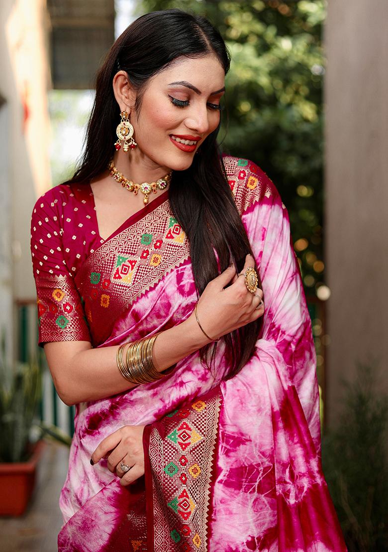 Magenta Printed Silk Saree Set