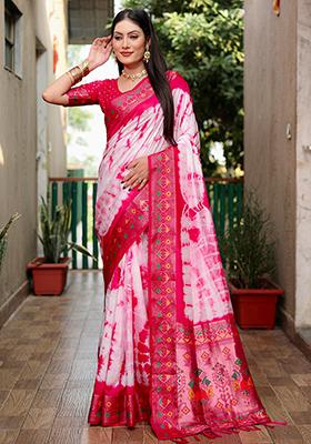 Rani Pink Printed Silk Saree Set