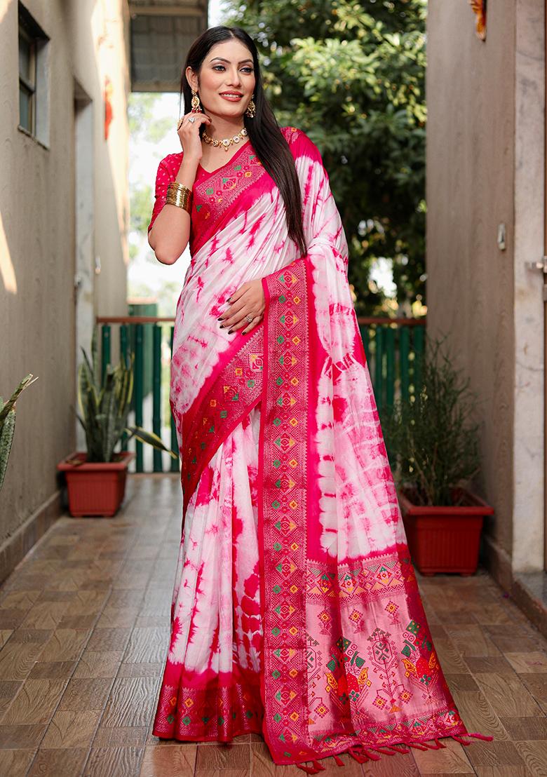 Rani Pink Printed Silk Saree Set