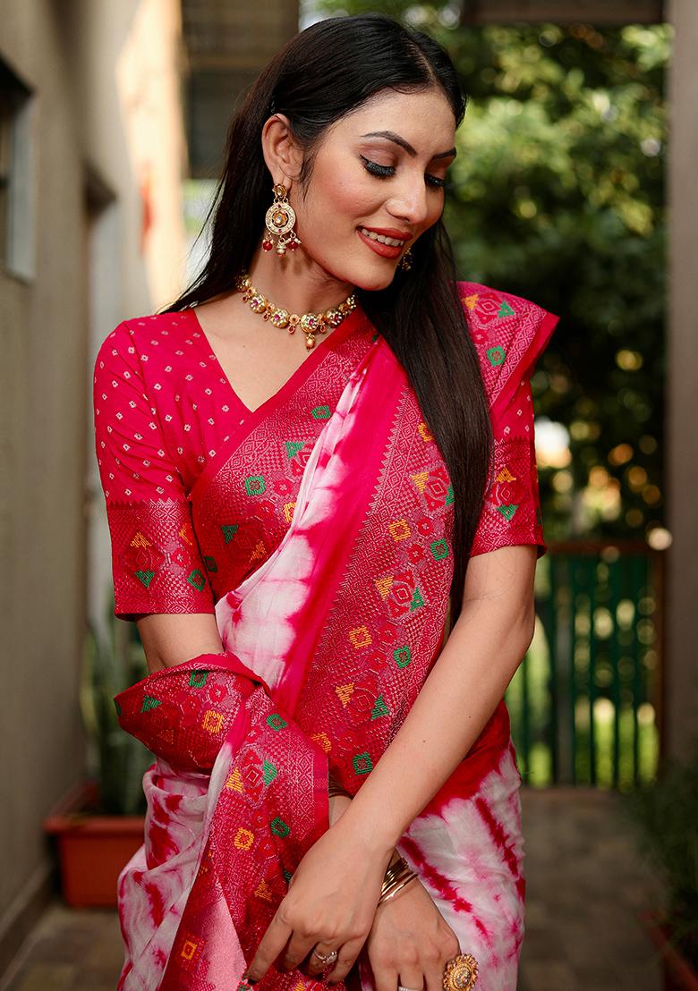 Rani Pink Printed Silk Saree Set