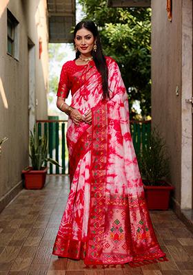 Red Printed Silk Saree Set