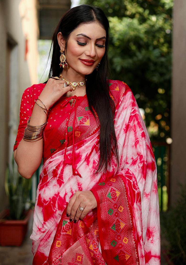 Red Printed Silk Saree Set