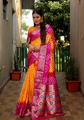Orange Meenakari Work Silk Saree Set