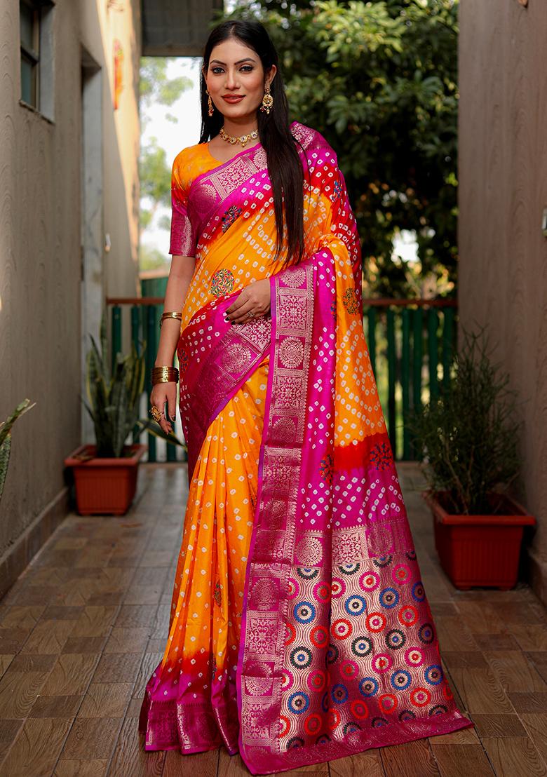 Orange Meenakari Work Silk Saree Set