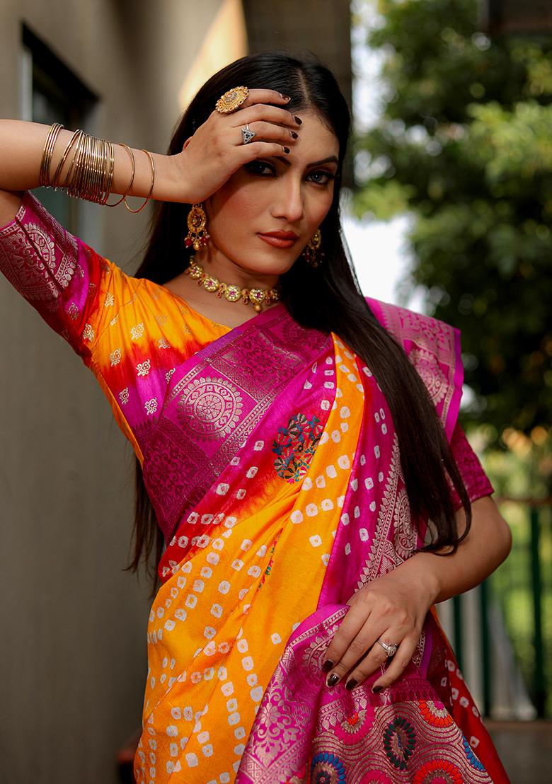 Orange Meenakari Work Silk Saree Set