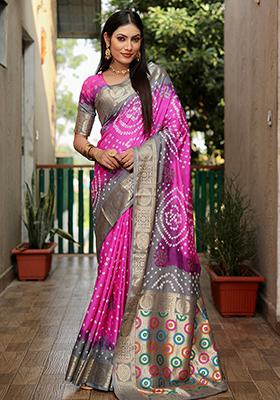 Pink Meenakari Work Silk Saree Set